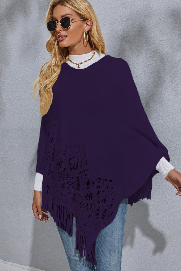 Round Neck Fringe Detail Poncho - Opulent EmpireRound Neck Fringe Detail PonchoOpulent EmpireClothing