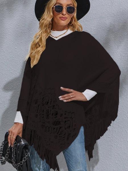 Round Neck Fringe Detail Poncho - Opulent EmpireRound Neck Fringe Detail PonchoOpulent EmpireClothing