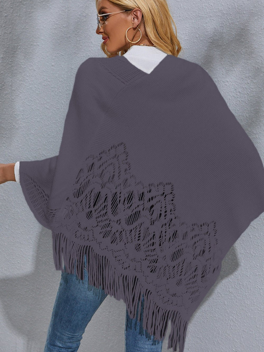 Round Neck Fringe Detail Poncho - Opulent EmpireRound Neck Fringe Detail PonchoOpulent EmpireClothing