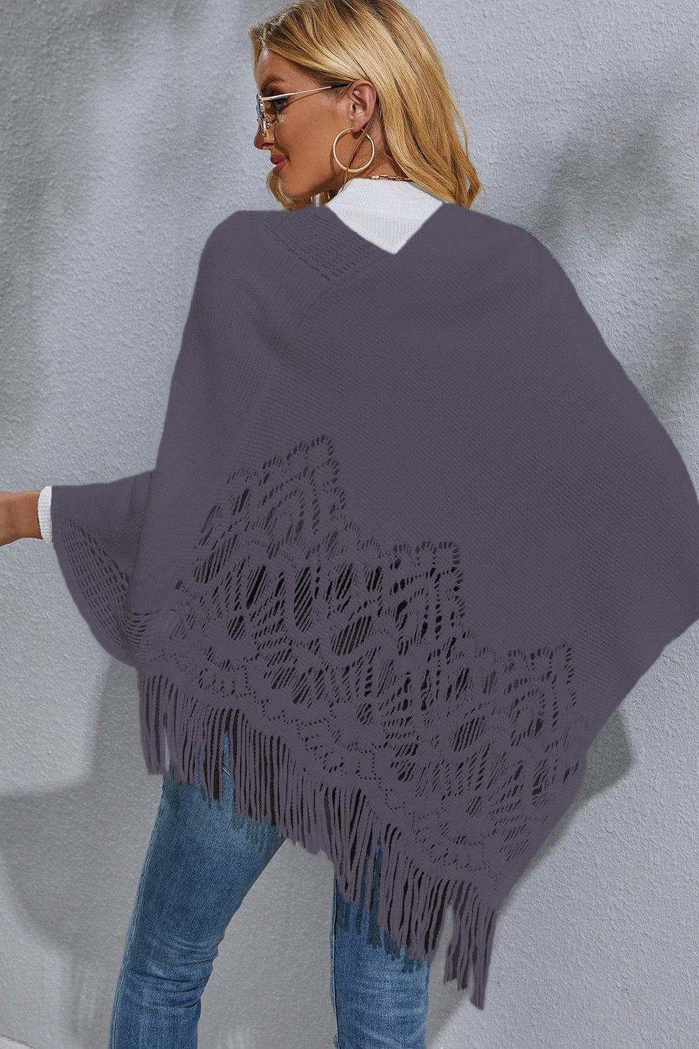 Round Neck Fringe Detail Poncho - Opulent EmpireRound Neck Fringe Detail PonchoOpulent EmpireClothing