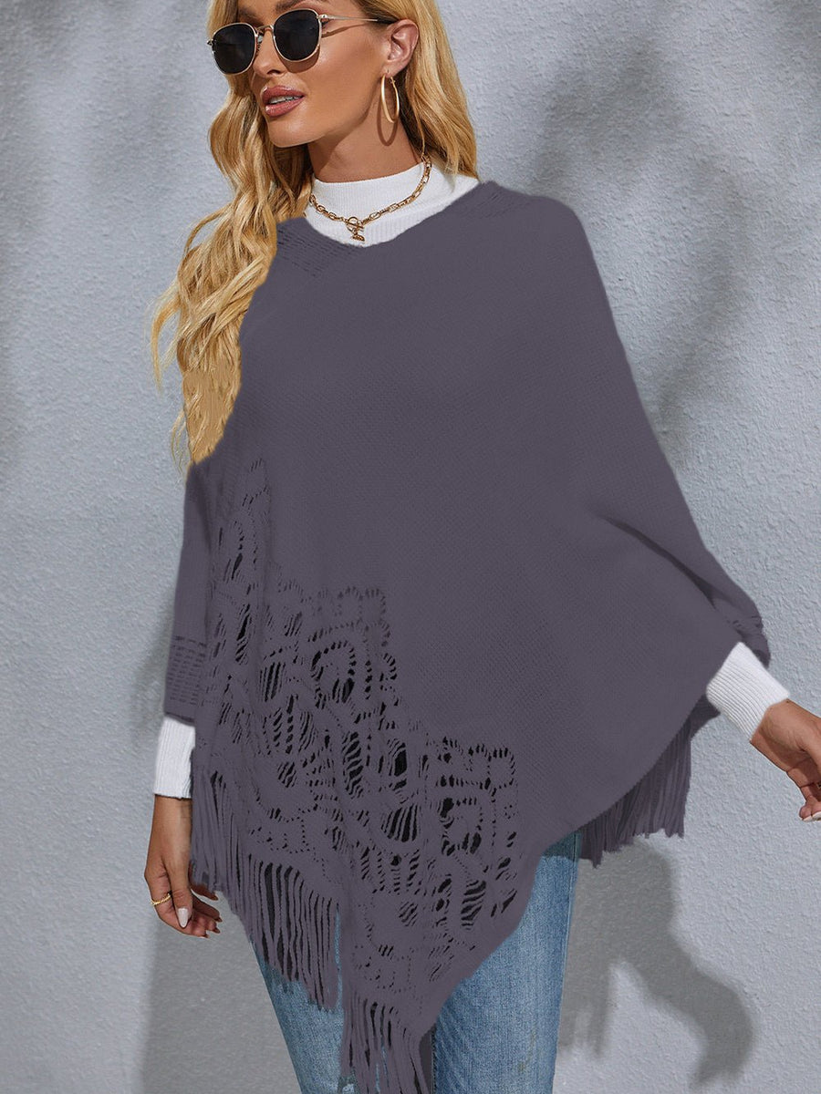 Round Neck Fringe Detail Poncho - Opulent EmpireRound Neck Fringe Detail PonchoOpulent EmpireClothing