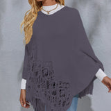 Round Neck Fringe Detail Poncho - Opulent EmpireRound Neck Fringe Detail PonchoOpulent EmpireClothing