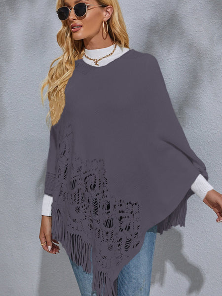 Round Neck Fringe Detail Poncho - Opulent EmpireRound Neck Fringe Detail PonchoOpulent EmpireClothing