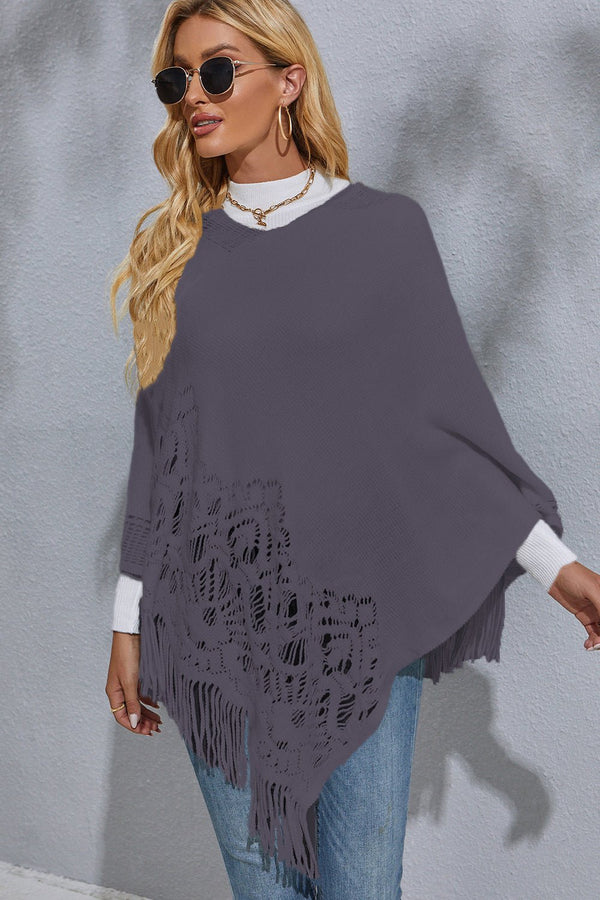 Round Neck Fringe Detail Poncho - Opulent EmpireRound Neck Fringe Detail PonchoOpulent EmpireClothing