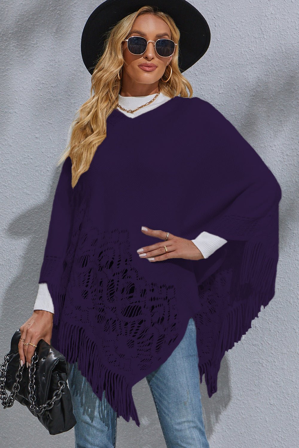 Round Neck Fringe Detail Poncho - Opulent EmpireRound Neck Fringe Detail PonchoOpulent EmpireClothing