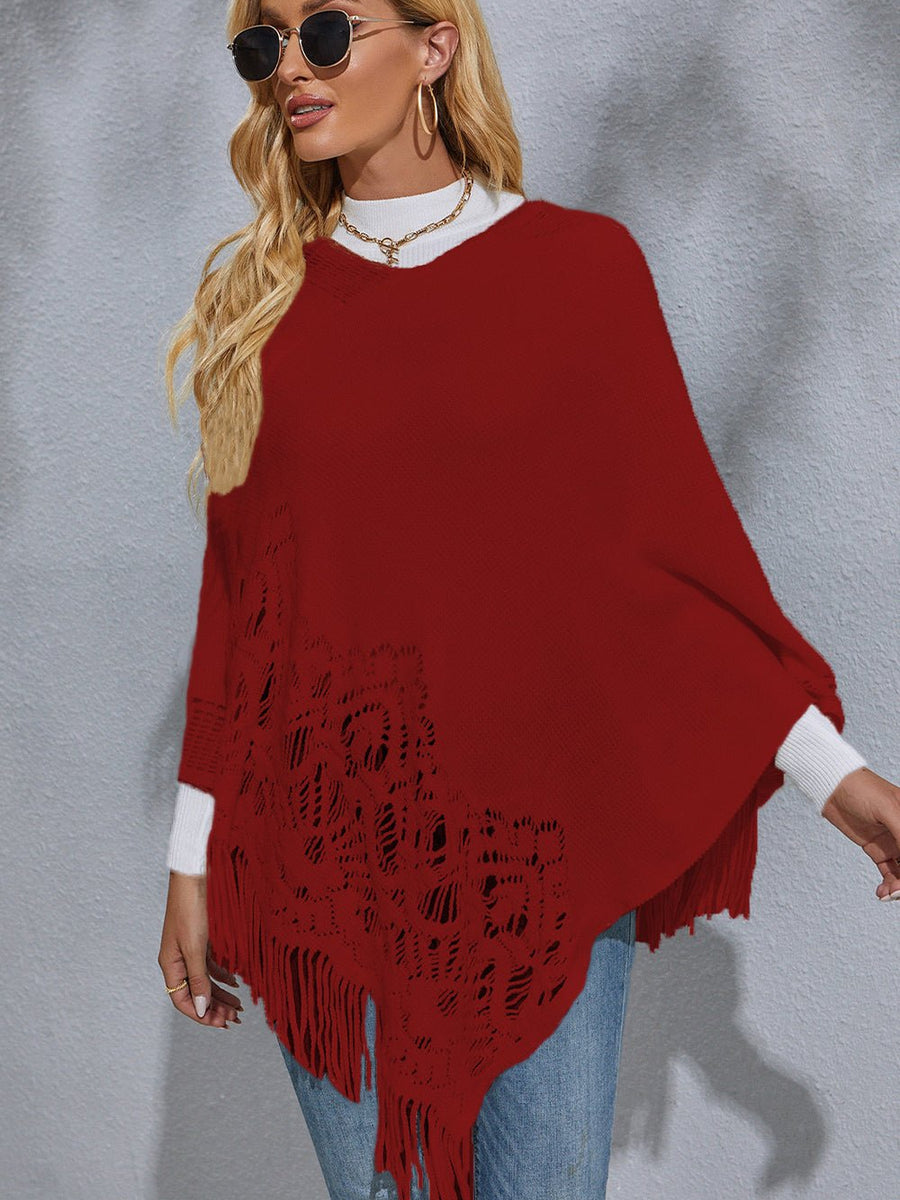 Round Neck Fringe Detail Poncho - Opulent EmpireRound Neck Fringe Detail PonchoOpulent EmpireClothing