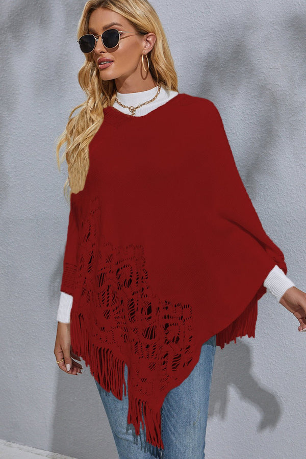 Round Neck Fringe Detail Poncho - Opulent EmpireRound Neck Fringe Detail PonchoOpulent EmpireClothing