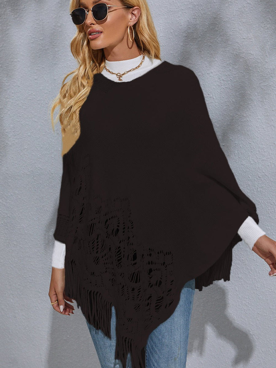 Round Neck Fringe Detail Poncho - Opulent EmpireRound Neck Fringe Detail PonchoOpulent EmpireClothing