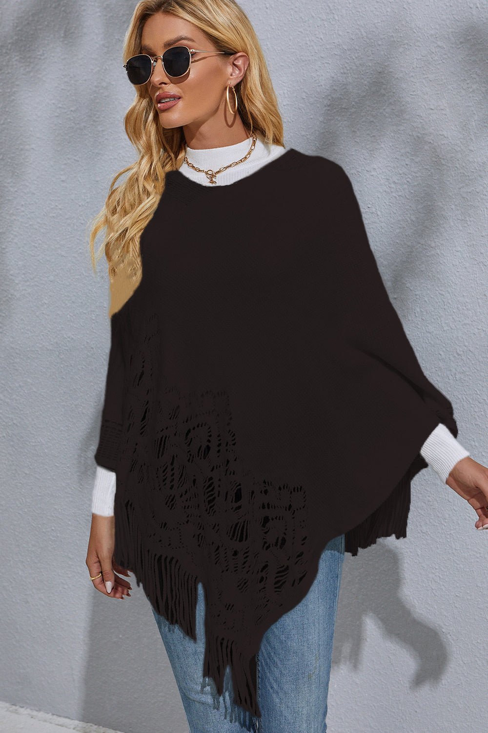 Round Neck Fringe Detail Poncho - Opulent EmpireRound Neck Fringe Detail PonchoOpulent EmpireClothing