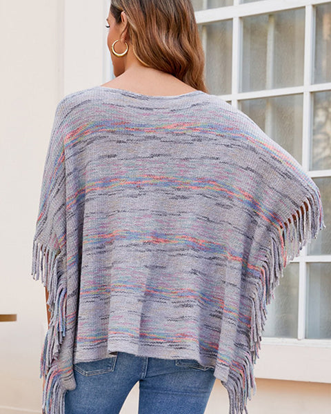 Round Neck Fringe Detail Sleeve Poncho - Opulent EmpireRound Neck Fringe Detail Sleeve PonchoOpulent EmpireClothing