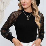 Round Neck Semi-Sheer Sleeve Blouse - Opulent EmpireRound Neck Semi-Sheer Sleeve BlouseOpulent Empire