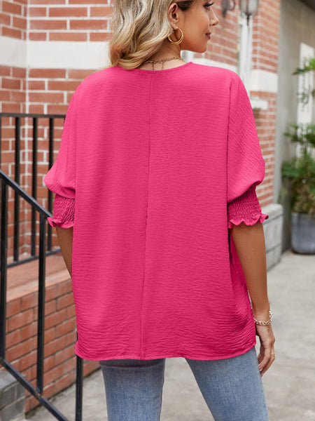 Round Neck Smocked Lantern Sleeve Blouse - Opulent EmpireRound Neck Smocked Lantern Sleeve BlouseOpulent Empire