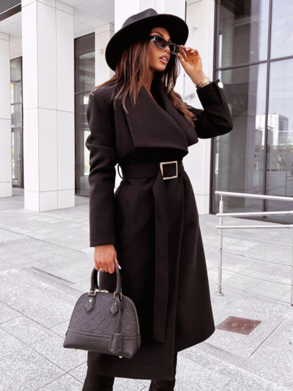 Women's long-sleeved buttoned V-neck strappy woolen coat