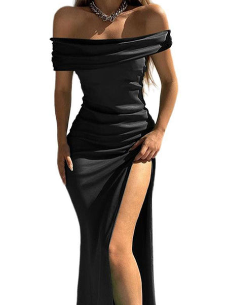 Split Ruched Off-Shoulder Dress - Opulent EmpireSplit Ruched Off-Shoulder DressOpulent Empire