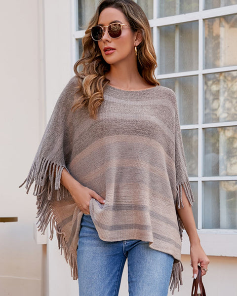 Striped Boat Neck Poncho with Fringes - Opulent EmpireStriped Boat Neck Poncho with FringesOpulent EmpireClothing