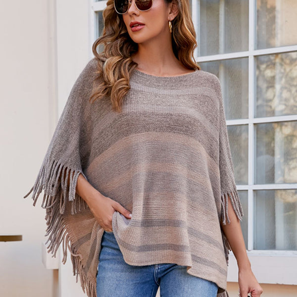 Striped Boat Neck Poncho with Fringes - Opulent EmpireStriped Boat Neck Poncho with FringesOpulent EmpireClothing