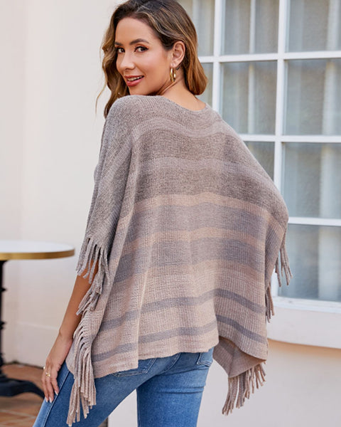 Striped Boat Neck Poncho with Fringes - Opulent EmpireStriped Boat Neck Poncho with FringesOpulent EmpireClothing