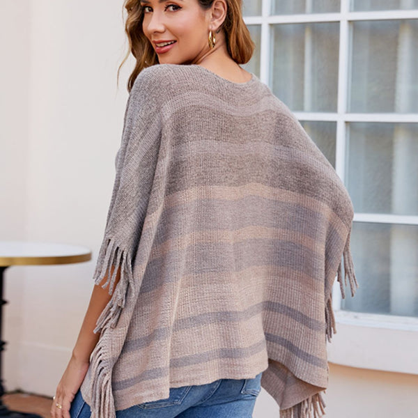 Striped Boat Neck Poncho with Fringes - Opulent EmpireStriped Boat Neck Poncho with FringesOpulent EmpireClothing