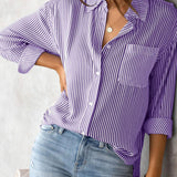 Striped Collared Neck Shirt with Pocket - Opulent EmpireStriped Collared Neck Shirt with PocketOpulent Empire