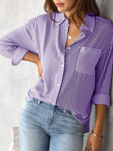 Striped Collared Neck Shirt with Pocket - Opulent EmpireStriped Collared Neck Shirt with PocketOpulent Empire