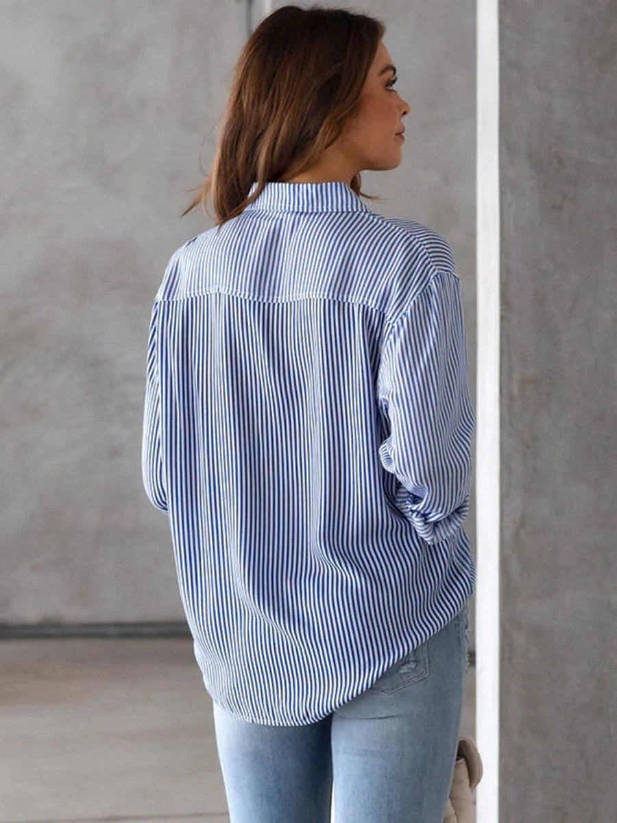 Striped Collared Neck Shirt with Pocket - Opulent EmpireStriped Collared Neck Shirt with PocketOpulent Empire