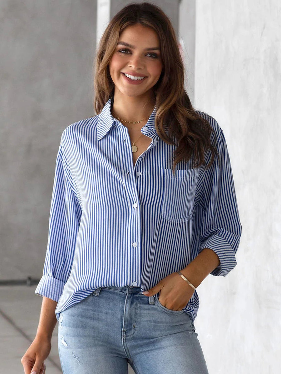 Striped Collared Neck Shirt with Pocket - Opulent EmpireStriped Collared Neck Shirt with PocketOpulent Empire