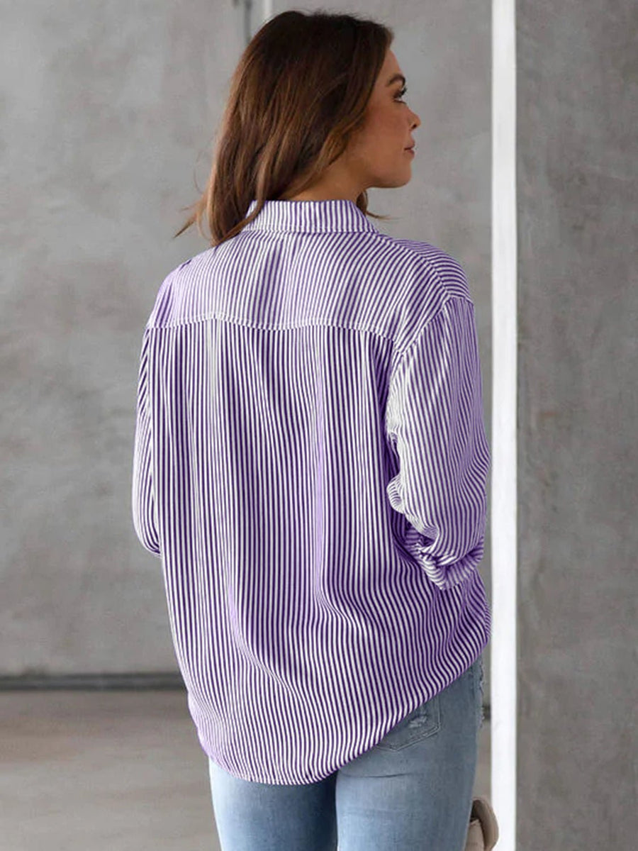 Striped Collared Neck Shirt with Pocket - Opulent EmpireStriped Collared Neck Shirt with PocketOpulent Empire