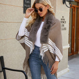 Striped Fringe Detail Long Sleeve Poncho - Opulent EmpireStriped Fringe Detail Long Sleeve PonchoOpulent EmpireClothing