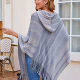 Striped Fringe Hem Hooded Poncho - Opulent EmpireStriped Fringe Hem Hooded PonchoOpulent EmpireClothing