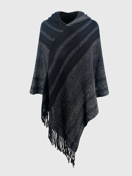 Striped Fringe Hem Hooded Poncho - Opulent EmpireStriped Fringe Hem Hooded PonchoOpulent EmpireClothing