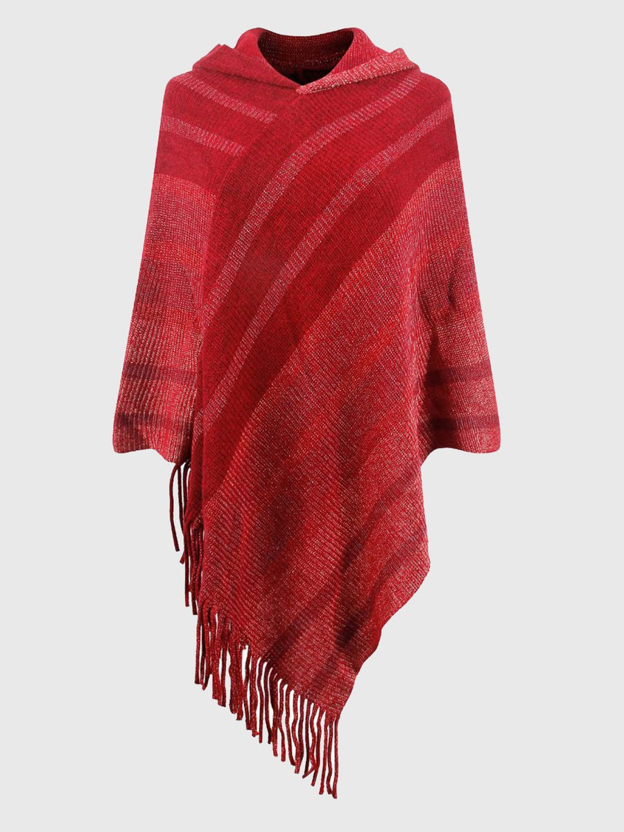 Striped Fringe Hem Hooded Poncho - Opulent EmpireStriped Fringe Hem Hooded PonchoOpulent EmpireClothing