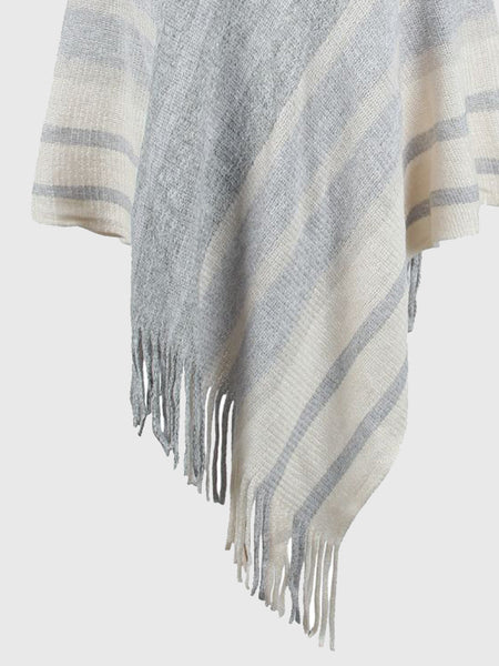 Striped Fringe Hem Hooded Poncho - Opulent EmpireStriped Fringe Hem Hooded PonchoOpulent EmpireClothing