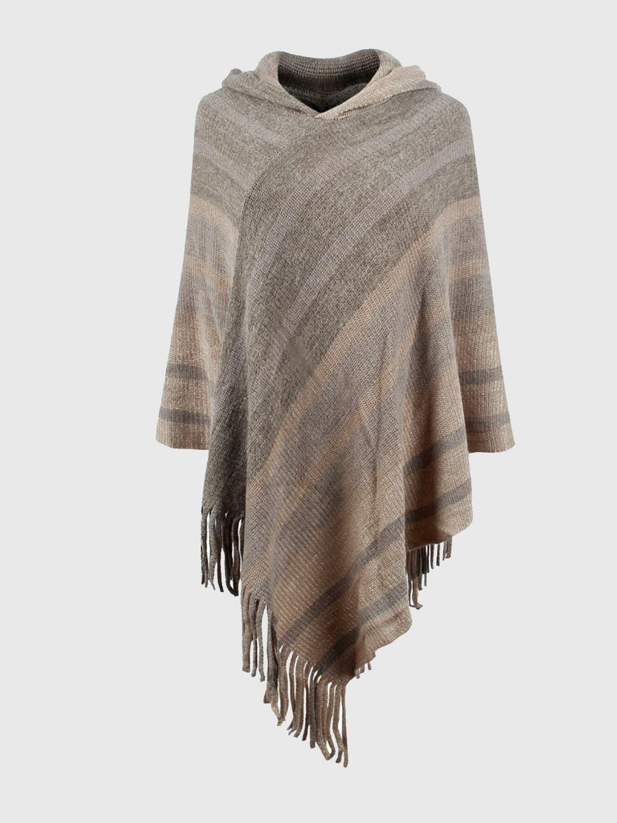 Striped Fringe Hem Hooded Poncho - Opulent EmpireStriped Fringe Hem Hooded PonchoOpulent EmpireClothing