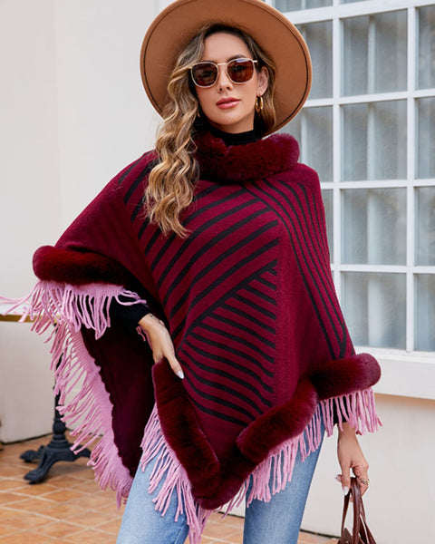 Striped Fringe Hem Poncho - Opulent EmpireStriped Fringe Hem PonchoOpulent EmpireClothing