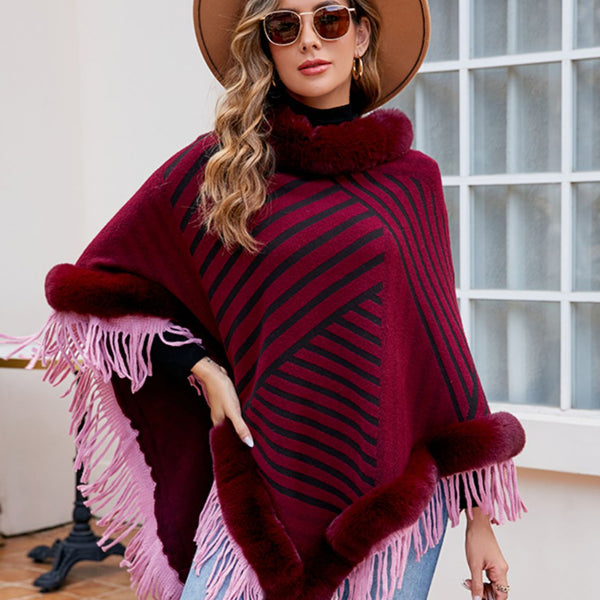 Striped Fringe Hem Poncho - Opulent EmpireStriped Fringe Hem PonchoOpulent EmpireClothing