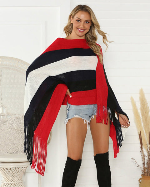 Striped Fringe Trim Poncho - Opulent EmpireStriped Fringe Trim PonchoOpulent EmpireClothing