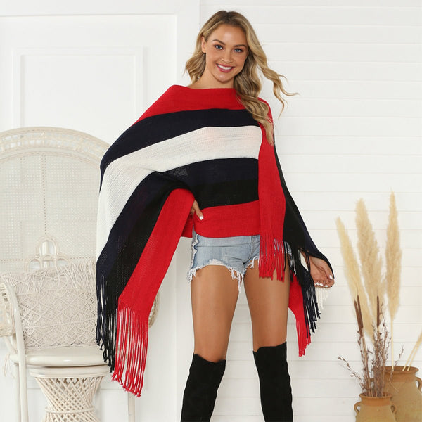 Striped Fringe Trim Poncho - Opulent EmpireStriped Fringe Trim PonchoOpulent EmpireClothing