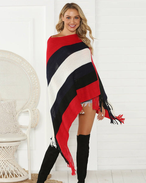 Striped Fringe Trim Poncho - Opulent EmpireStriped Fringe Trim PonchoOpulent EmpireClothing