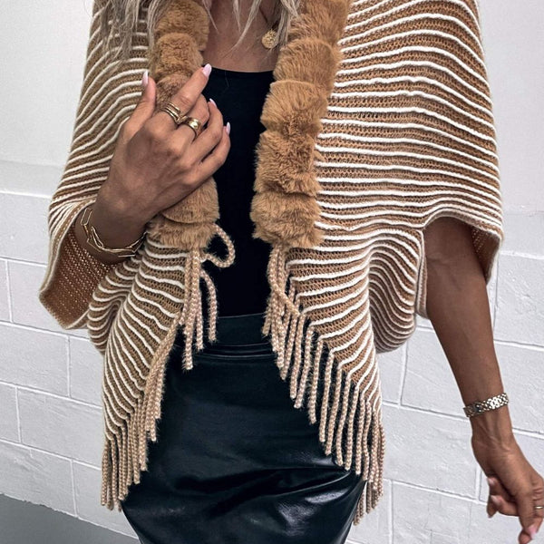 Striped Open Front Fringe Poncho - Opulent EmpireStriped Open Front Fringe PonchoOpulent EmpireClothing