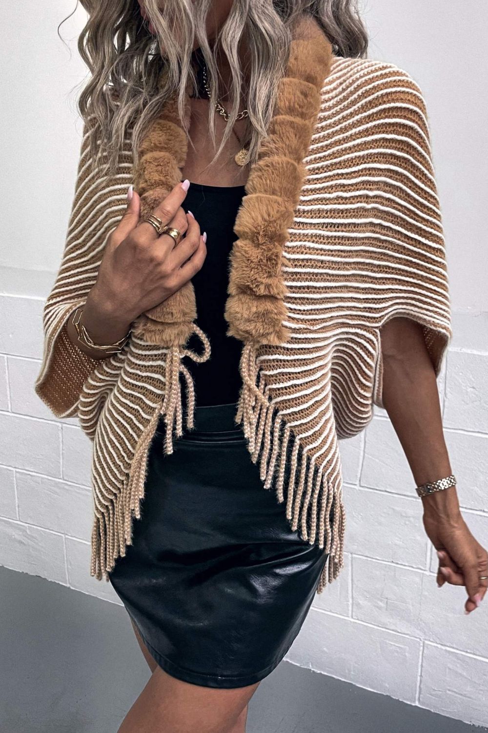 Striped Open Front Fringe Poncho - Opulent EmpireStriped Open Front Fringe PonchoOpulent EmpireClothing