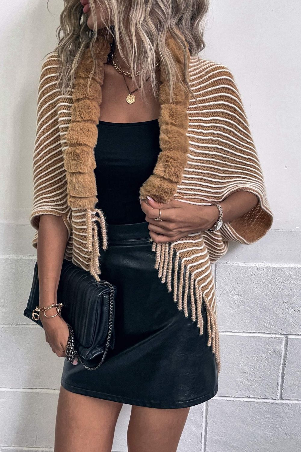 Striped Open Front Fringe Poncho - Opulent EmpireStriped Open Front Fringe PonchoOpulent EmpireClothing