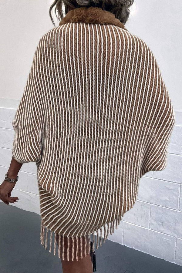 Striped Open Front Fringe Poncho - Opulent EmpireStriped Open Front Fringe PonchoOpulent EmpireClothing