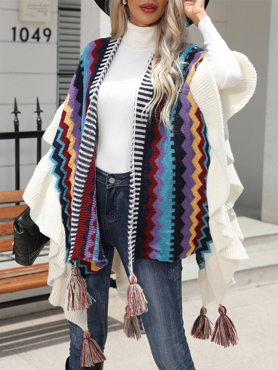 Striped Open Front Poncho with Tassels - Opulent EmpireStriped Open Front Poncho with TasselsOpulent EmpireClothing