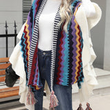 Striped Open Front Poncho with Tassels - Opulent EmpireStriped Open Front Poncho with TasselsOpulent EmpireClothing