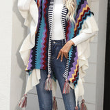 Striped Open Front Poncho with Tassels - Opulent EmpireStriped Open Front Poncho with TasselsOpulent EmpireClothing