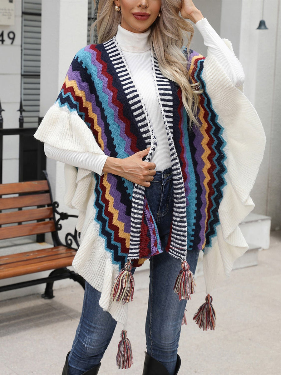 Striped Open Front Poncho with Tassels - Opulent EmpireStriped Open Front Poncho with TasselsOpulent EmpireClothing