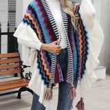 Striped Open Front Poncho with Tassels - Opulent EmpireStriped Open Front Poncho with TasselsOpulent EmpireClothing