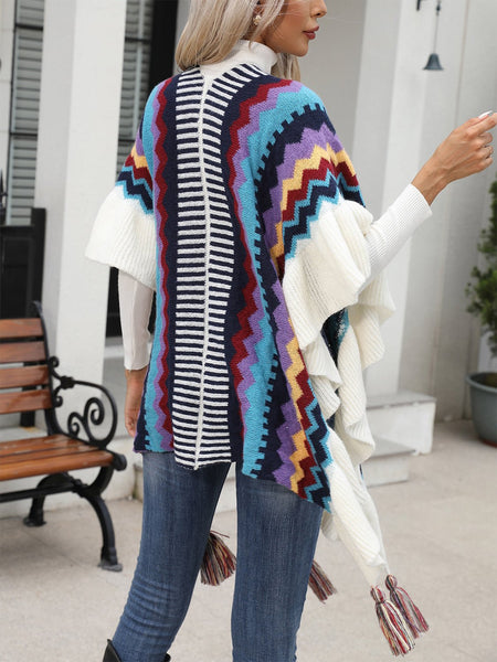 Striped Open Front Poncho with Tassels - Opulent EmpireStriped Open Front Poncho with TasselsOpulent EmpireClothing