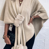 Surplice Neck Pom-Pom Trim Poncho - Opulent EmpireSurplice Neck Pom-Pom Trim PonchoOpulent EmpireClothing