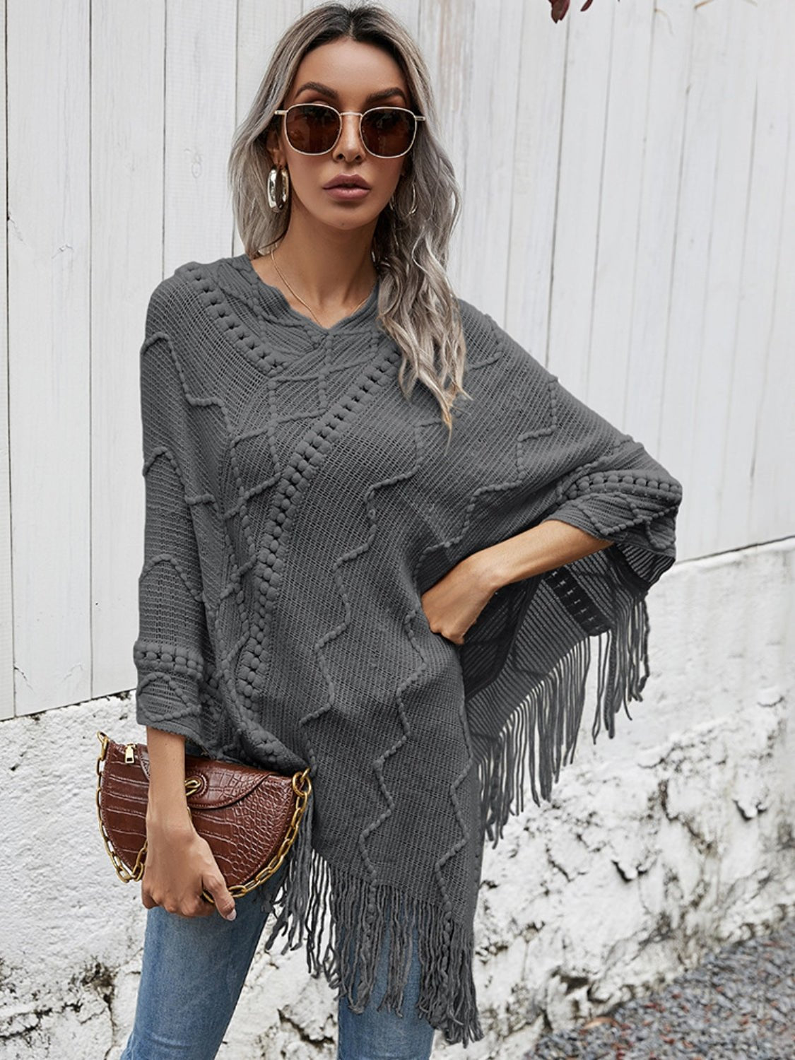 Texture Fringe Hem Poncho - Opulent EmpireTexture Fringe Hem PonchoOpulent EmpireClothing